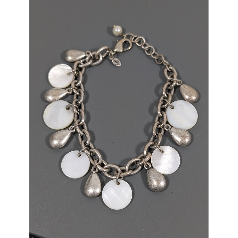 Premier Designs White Linen Charm Bracelet Silver Tone 9"‎ Disc Dangle Statement